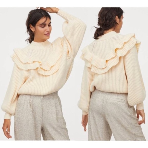 H&M Ruffle Chunky Knit Mock Neck Sweater Cream Ivory Medium - Picture 11 of 11